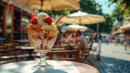 Ice cream in glass cup standing on street cafe table wallpaper background