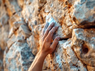 Close-up of hands overcoming rock climbing obstacle - obrazy, fototapety, plakaty