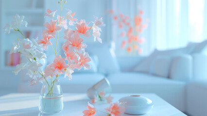 A bouquet of pink delicate flowers in a clean room, freshness and cleanliness
