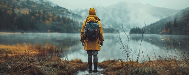 Explorer, Vintage coat, Adventure-lover, Feeling memories not their own from parallel worlds, Rainy setting, Photography, Backlights - obrazy, fototapety, plakaty