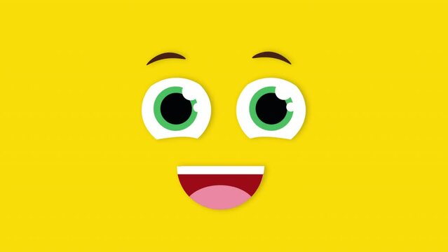 Animated emoji face on yellow background. Animated looped smiliny face with blinking eyes emoji background can be used for apps or ad commercial. Funny character motion graphic.