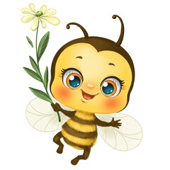 Cute cartoon baby bee with flower isolated on a white background