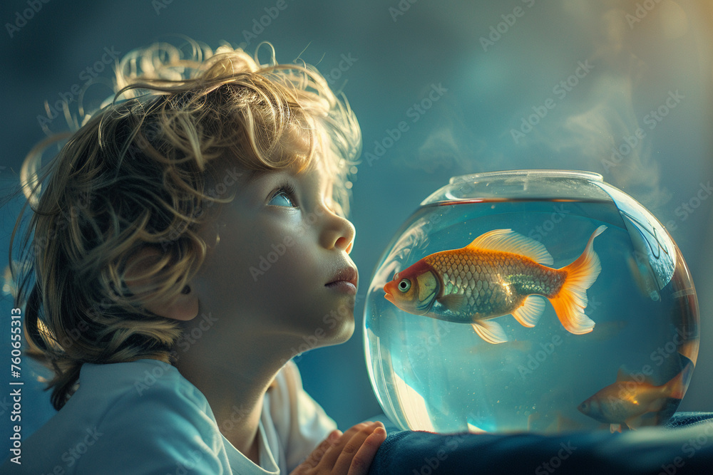 Wall mural Kid gazing at a fishbowl