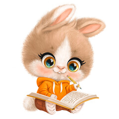 Cute cartoon beige bunny in a carrot-orange jacket sits and reads notes