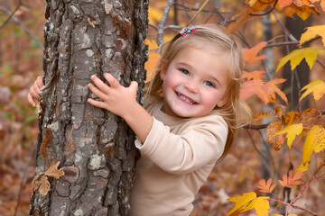A happy young girl hugging a tree, fall colors