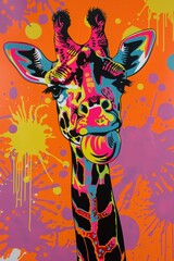 Giraffe teaching neck stretches, fitness class, pop art