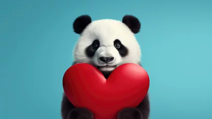 Fotobehang Purr-fect Love: panda  on Blue Background with Heart © Andriy