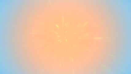 Peach fuzz and light blue gradient background with blurry radial rays explosion. Burst of shiny yellow particles. Airy dandelion flower against blue sky abstraction. Soft orange blue backdrop 8k 16:9