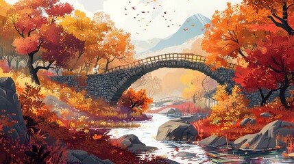 A stone bridge arches gracefully over a river in a forest ablaze with autumn colors, leaves dancing in the gentle breeze.