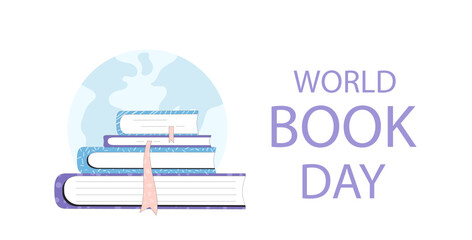 World book and copyright day banner template. Reading stack with bookmark. Learning and education holiday. Vector flat illustration