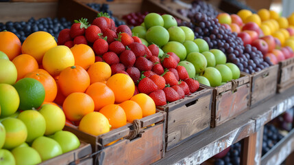Close up of many colorful fruits on market stand. Freshly harvested collection of fruits as background.
