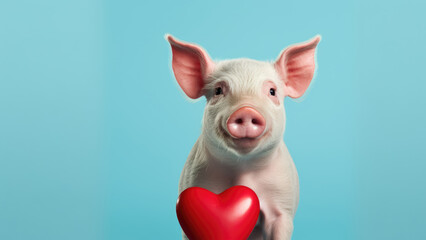 Purr-fect Love: pig on Blue Background with Heart