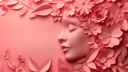 Womans Face and Floral style paper cut with copy space. generative ai 