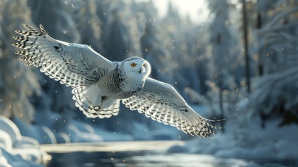 A majestic snowy owl glides with outstretched wings over a tranquil, snow-covered landscape, bathed in the golden light of winter.