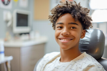 African American teenager in medic's office, boy's health check-up, hospital visit.