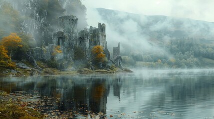 Ethereal morning mist surrounds ancient castle ruins by a calm lake, with autumn foliage adding a touch of color to the mystical scene.