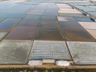 Aerial shot top view of salt-pond in Ban Laem,Phetchaburi province,Thailand - 760657316