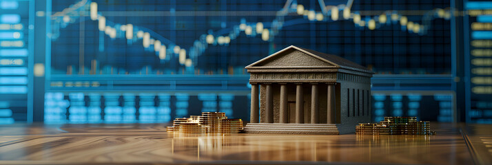 Bank model on table and stock chart or financial data background, use of fiscal policy by central banks and the increase in interest rates