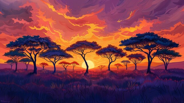 An artistic representation of a sunset in the savanna, with acacia trees silhouetted against a fiery sky painted in vivid hues of orange and purple.