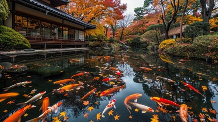 Vibrant koi fish swim gracefully in a serene pond within a Japanese garden, surrounded by the beautiful colors of autumn foliage reflected on the water's surface.