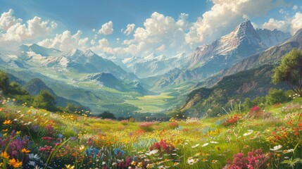 Naklejka na ściany i meble A lush alpine meadow, bursting with colorful wildflowers, stretches towards majestic snow-capped mountains under a bright blue sky with fluffy clouds.