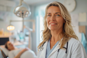 Fototapeta premium Hospital room with expectant mother, pregnancy test, obstetrician consultation, maternal health.