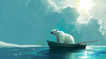 Poster Lone polar bear on a small boat, navigating a calm sea, sun blazing overhead, an image of quiet resilience, pop art © Wonderful Studio