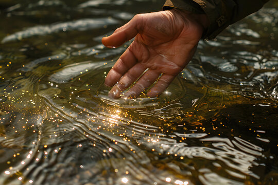 Hand of a prospector panning for gold in a river or water, discovery of gold and the increasing demand for gold