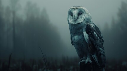 A solitary barn owl stands vigil on a weathered post amidst a soft rainfall, exuding a calm yet mysterious aura in the misty, forested landscape. - obrazy, fototapety, plakaty