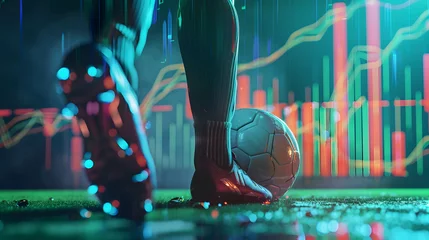 Tuinposter Close up foot of a soccer player kicking a ball with stock chart background, investing or trading in stock or currency market like playing sports © Slowlifetrader