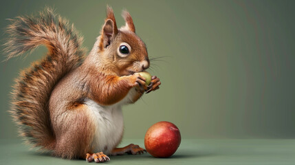 A squirrel is nibbling on a fruit with its tiny paws.