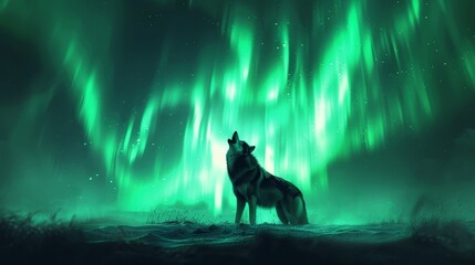 A solitary wolf howls on a frosty ground as the vivid green aurora borealis illuminates the expansive night sky.