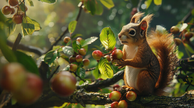 A squirrel is using both its hands to eat a fruit