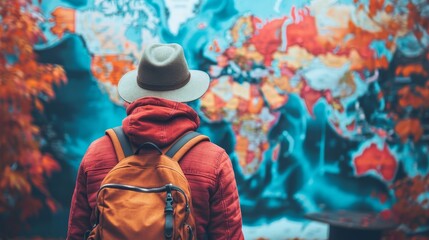 An explorer clad in a red jacket and hat stands with a backpack, contemplating a vibrant, abstract world map on the wall. - obrazy, fototapety, plakaty