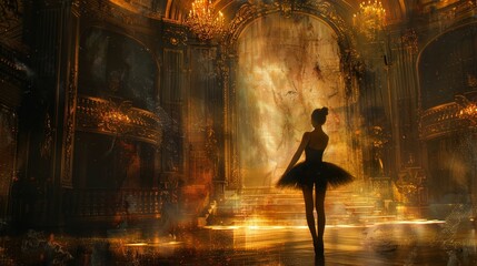 An elegant ballerina stands poised in a grand, golden-lit theater, creating an atmosphere of magic and performance art. - obrazy, fototapety, plakaty