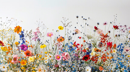 : A creative arrangement with a rainbow of colours from various wildflowers on a canvas that is the colour of pure whit