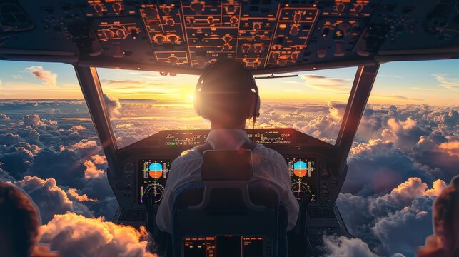 The breathtaking perspective of a pilot in the cockpit, witnessing a glorious sunrise above a sea of clouds during an early morning flight.