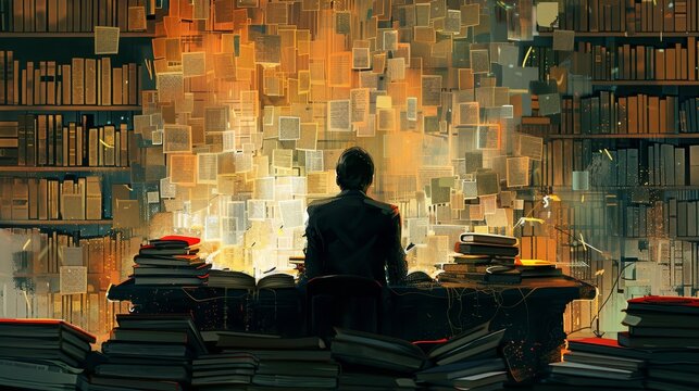 A man sits at a desk, surrounded by an ethereal swirl of pages and books in a room glowing with the golden hue of knowledge and creativity.