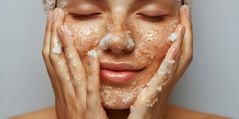 Close up of womans hands applying exfoliating scrub on skin. Concept Beauty Routine, Skincare Products, Self Care, Exfoliation Techniques, Female Hands