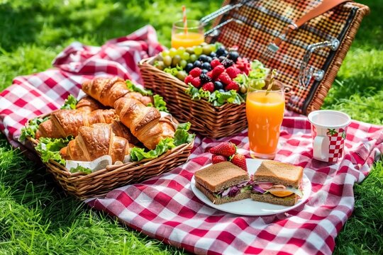 Healthy picnic for a summer vacation with freshly baked croissants, fresh fruit and fruit salad, sandwiches and a glass of refreshing orange juice laid out. generative ai.