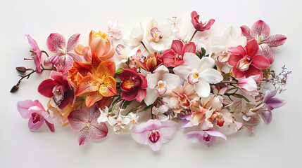 : A radiant cluster of orchids, lilies, and peonies creating a mesmerizing display against a flawless white background.