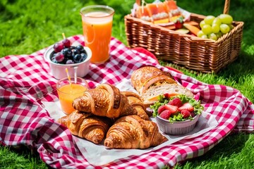 Obraz na płótnie Canvas Healthy picnic for a summer vacation with freshly baked croissants, fresh fruit and fruit salad, sandwiches and a glass of refreshing orange juice laid out. generative ai.