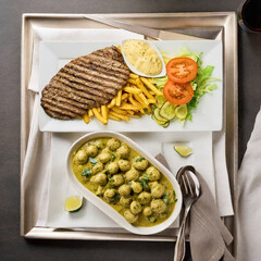  grilled chicken with fries and vegetables 