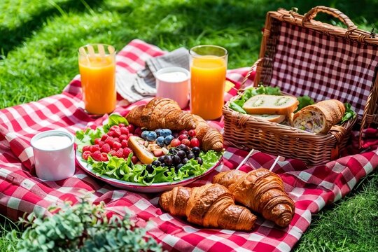 Healthy picnic for a summer vacation with freshly baked croissants, fresh fruit and fruit salad, sandwiches and a glass of refreshing orange juice laid out. generative ai.