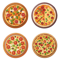 Fototapeta na wymiar Collection of flat color vector pizza set. Realistic full size pizza isolated on white background..