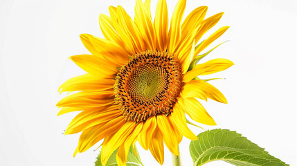 : close-up of a sunflower with vibrant orange and yellow tones set against a snow-white background.