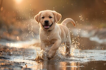 Golden Labrador Retriever Puppy Running in Autumn Water
