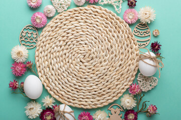 Easter round frame, eggs, dried flowers and eco-friendly decorations for decorating Easter eggs....