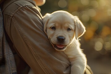 Man and Smiling Yellow Labrador Puppy in Golden Hues