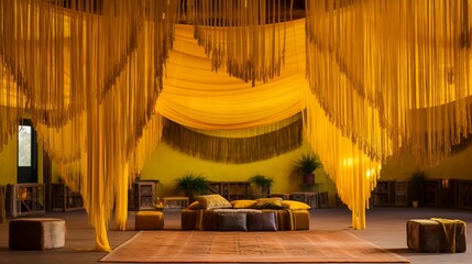 Hang yellow fabric panels from the ceiling with fringe and bead accents for boho flair.